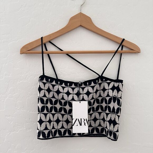 Zara Geometric Knit Top Black White Size S Small Asymmetrical Straps Crop Summer - Picture 2 of 7